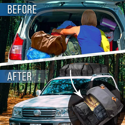 Comparison of a car trunk before and after using a car organizer with bags and clothes.