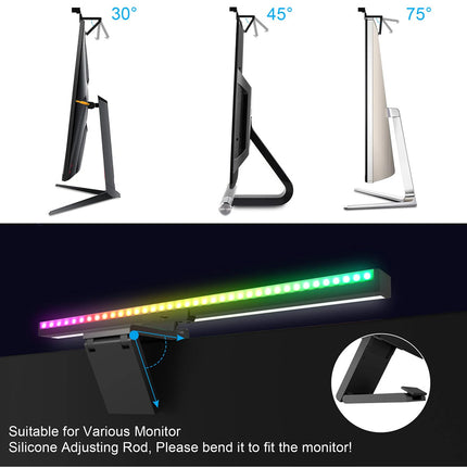 A product infographic showing a monitor arm accessory with three monitor angle views labeled 30 degrees, 45 degrees, and 75 degrees, plus a large demonstration panel showing the LED light bar and silicone adjusting rod in use.
