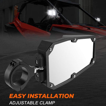 Motorcycle mirror with adjustable clamp on a dark background