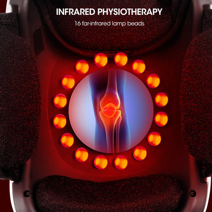 Close-up of a massage or physiotherapy headband with dark padded sections and a central graphic showing a glowing knee joint surrounded by orange infrared lamp beads. Text at the top reads 'INFRARED PHYSIOThERAPy' and '16 far-infrared lamp beads.