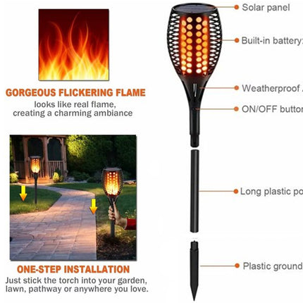 Solar-powered flame light with features highlighted on a white background