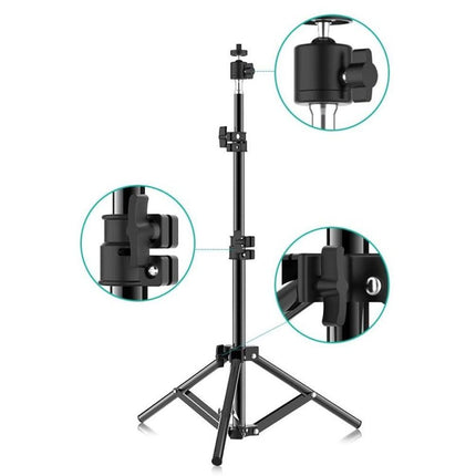 Black tripod stand with close-up details on a white background