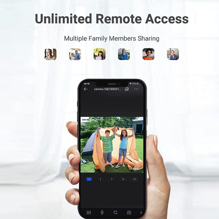 Smartphone displaying a video call with two people on a slide, with text about unlimited remote access and family sharing.
