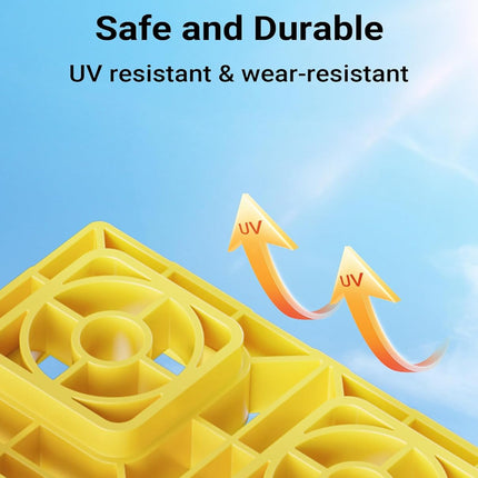 Yellow protective plastic grid or guard with two orange arrows labeled UV pointing upward against a blue sky background, with text reading 'Safe and Durable' and 'UV resistant & wear-resistant'.