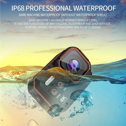 Waterproof camera with splash effects and text about IP68 certification on a scenic background