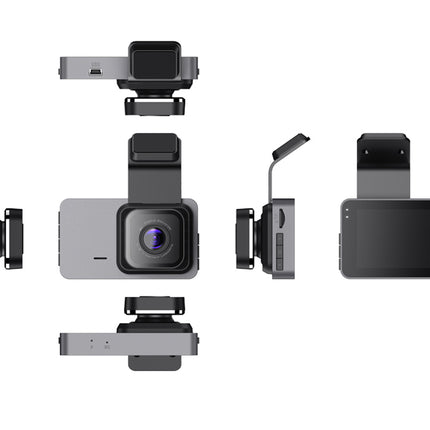 Multiple views of a car dashboard camera with various mounting brackets on a white background