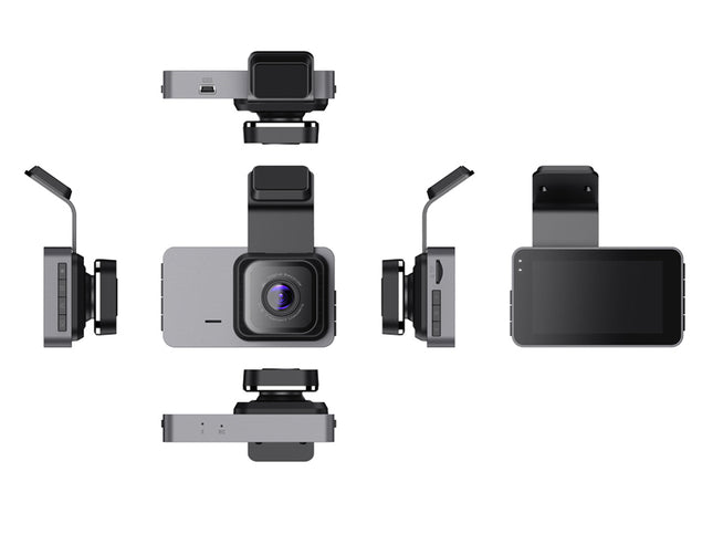 Multiple views of a car dashboard camera with various mounting brackets on a white background