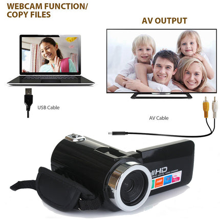 Digital camera with USB and AV cables, showing connections to laptop and TV.