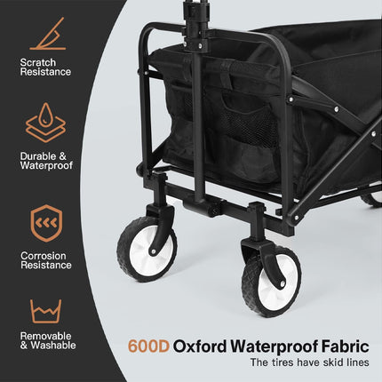 Black folding cart with features listed on a gray background