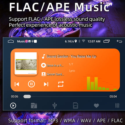 Music player app interface with FLAC/APE music support on a dark background