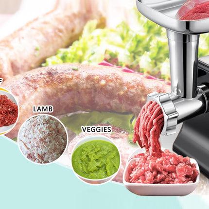 Meat grinder with ground meat and ingredients on a light blue background