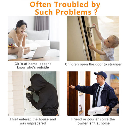 A promotional graphic with the orange headline 'Often Troubled by Such Problems ?' above four small lifestyle photos showing household security concerns: a woman at home with a laptop, children opening a door, a person in a black hoodie entering a house, and a delivery man standing at a door.