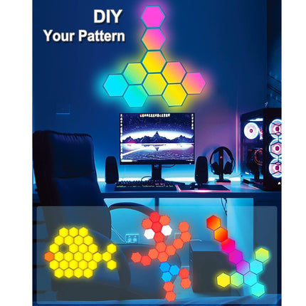 DIY hexagonal wall light panels shown mounted above a desk in a gaming setup, with the text 'DIY Your Pattern' and multiple colorful illuminated pattern examples.