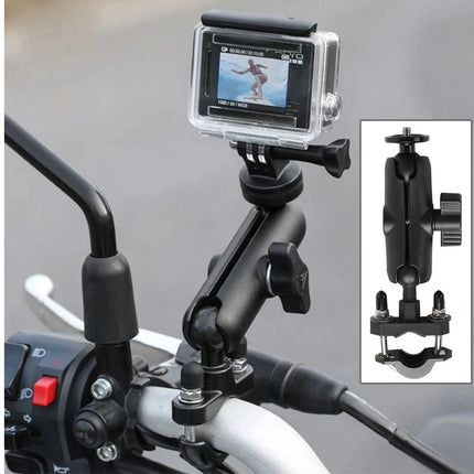 Action camera mounted on a motorcycle handlebar with close-up inset showing mount details.