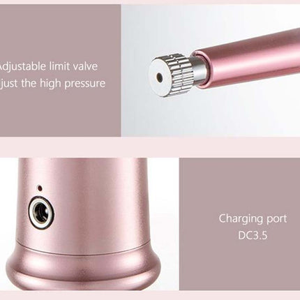 Rose gold electronic device close-up showing an adjustable limit valve and charging port with text labels on a pale pink background.