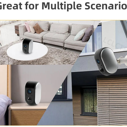 Smart home device shown in various settings including a living room, bedroom, and exterior of a building.