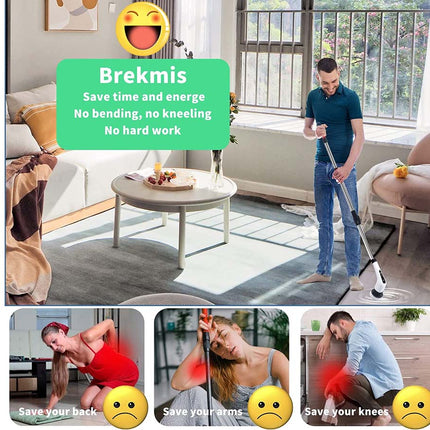 Person using a cleaning tool in a living room with promotional text for Brekmis.