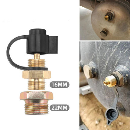 A brass and black pressure sensor fitting shown on a white background, with two inset photos on the right showing it installed on a metal surface. White text labels indicate 16MM and 22MM thread sizes.