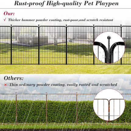 Comparison of rust-proof and non-rust-proof pet playpen fences with text on a white background.