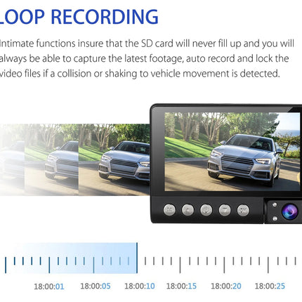 Car dashboard camera with loop recording feature and video playback interface.