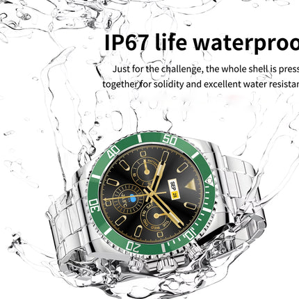 A stainless steel wristwatch with a green bezel and black dial, shown underwater with water splashes around it. Text on the image reads 'IP67 life waterproof' with additional descriptive copy.