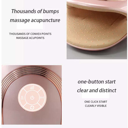 A promotional graphic for a pink and rose gold foot massager, showing close-up views of the massage head, the control panel, and descriptive text highlighting its acupressure and one-button start features.