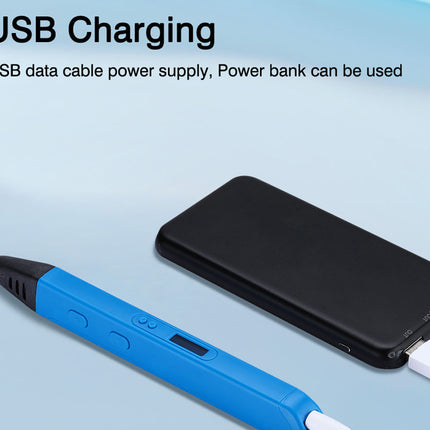 A blue 3D printing pen connected to a black power bank via a white USB cable, with text at the top reading 'USB Charging' and a note about using a power bank.