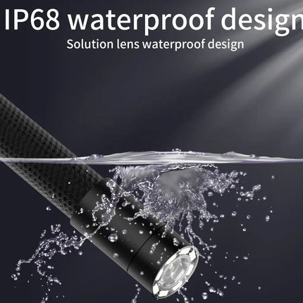 Light bulb with water splashes and text indicating IP68 waterproof design on a dark background