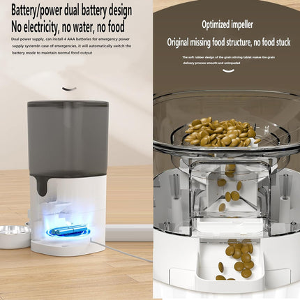 Pet food dispenser with text on battery/power dual design and impeller optimization.