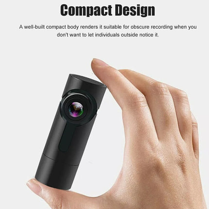 A hand holding a small black cylindrical compact recording device with a visible lens, under the heading 'Compact Design' with supporting text about discreet recording.