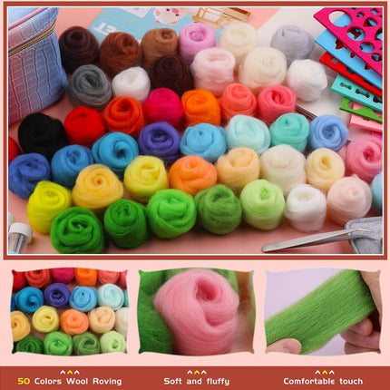 A collage showing many rolled balls of wool roving in assorted colors, with three smaller inset photos below demonstrating the soft fluffy texture and a hand pulling out a green strand. Text at the bottom reads '50 Colors Wool Roving', 'Soft and fluffy', and 'Comfortable touch'.
