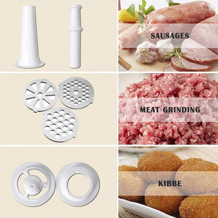 Collage of meat grinder components and food products made with them.