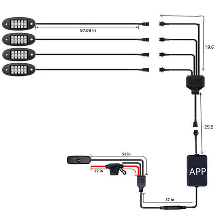 Diagram of a vehicle wiring harness with labeled measurements on a white background