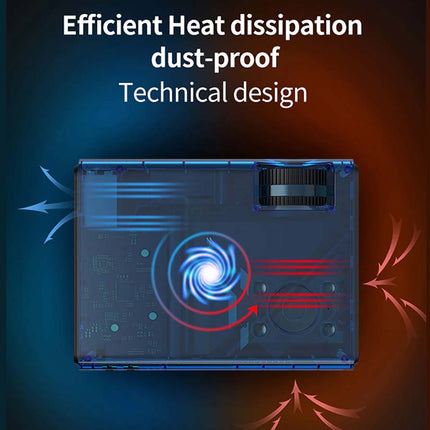 Technical illustration of a cooling system with heat dissipation and dust-proof features on a dark background.