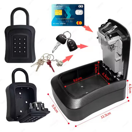 Black electronic card reader safe shown in multiple views with red dimension lines and keys on a white background. One view shows the safe closed, another shows it open with the card reader inserted, and a third shows the interior lock mechanism.