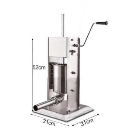 Stainless steel manual sausage stuffer with dimensions on a white background