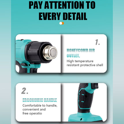 Teal and black air tool with features highlighted on a light blue background
