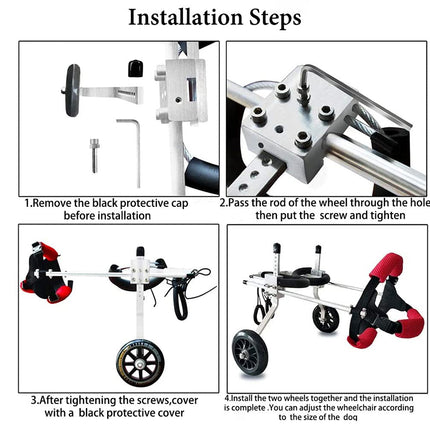 Step-by-step installation instructions for a wheelchair with images and text.