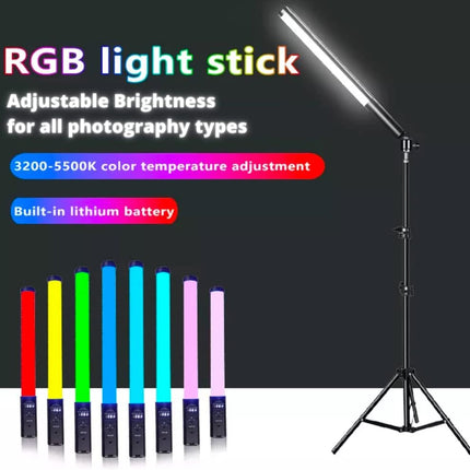 An RGB light stick photography light shown on a black background with promotional text, including adjustable brightness, color temperature adjustment, and built-in lithium battery. Small color variants are displayed along the bottom, and the light is shown turned on with a glowing rectangular head on a stand.
