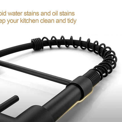 A close-up of a modern black kitchen faucet with a flexible coiled hose and a gold accent line, shown on a light gray background with promotional text in the upper left.