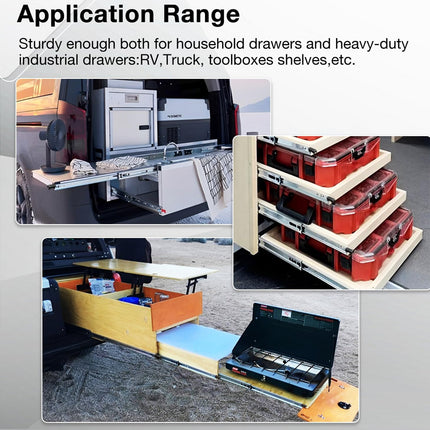 Collage of various storage solutions including drawers, toolboxes, and shelves with text on application range.