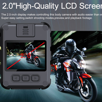 Body camera with 2.0-inch LCD screen displaying a motorcycle rider, with text about the screen's quality and features.