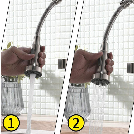 A split-screen comparison showing a hand holding a stainless steel pull-down kitchen faucet sprayer. The left panel labeled 1 shows water flowing from a single nozzle, while the right panel labeled 2 shows water spraying from multiple nozzles.