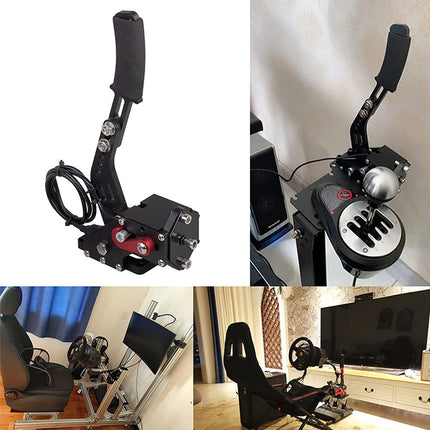 Collection of images showing a steering wheel and pedals setup for a gaming or simulation chair.