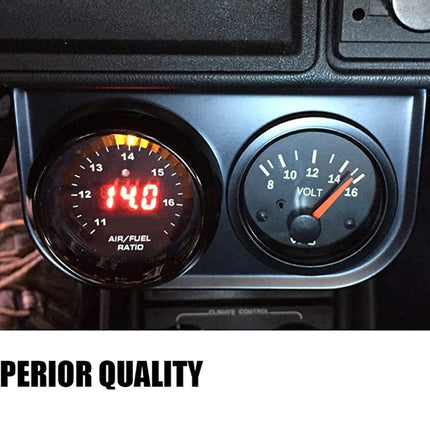 Car dashboard with air/fuel ratio and voltage gauges, labeled 'Superior Quality'.