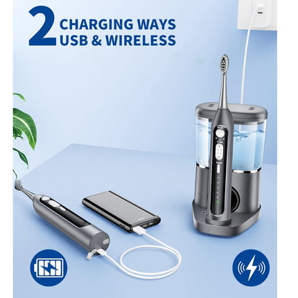 Electric toothbrush with USB and wireless charging options on a light blue background