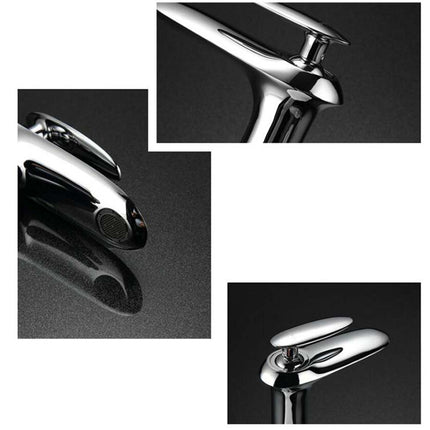 Three close-up product views of a polished chrome faucet on a dark background, showing different angles of the spout and handle.