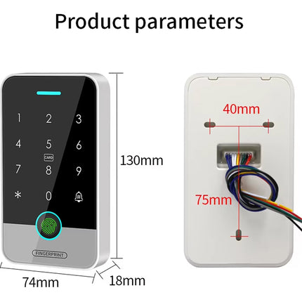 Product parameters diagram showing a biometric keypad entry device and its backplate with mounting holes and wiring dimensions labeled 130mm, 74mm, 18mm, 40mm, and 75mm on a white background.