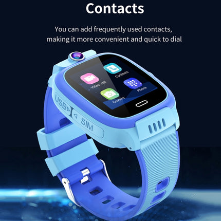 A blue and light blue kids' smartwatch with a colorful digital display, shown against a dark blue background with promotional text about contacts.