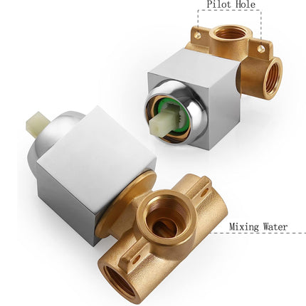 A brass and stainless steel mixing valve shown from two angles on a white background, with dashed callouts labeling the 'Pilot Hole' and 'Mixing Water' inlet.